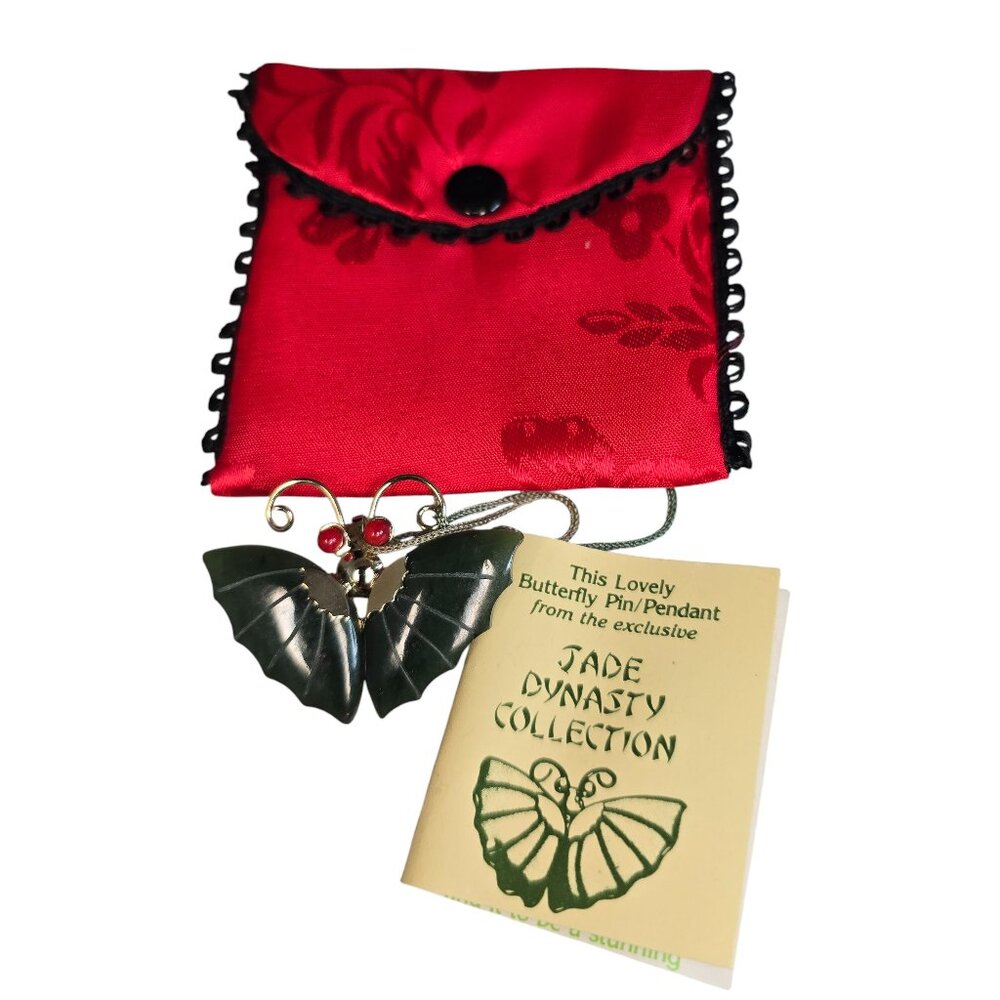 Vintage Jade Dynasty Collection Butterfly  Jade & Coral Brooch